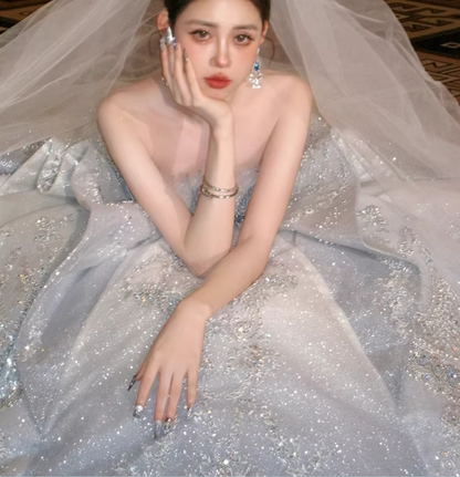 Dreamy Blue Gradient Off-the-shoulder Beaded Luxury Floor-length Wedding Dress P2518