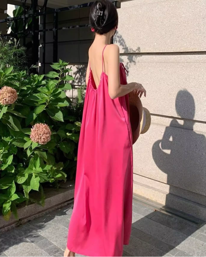 New Fashion Rose Pink Sleeveless Backless Beach Loose Spaghetti Strap Dress TP2982