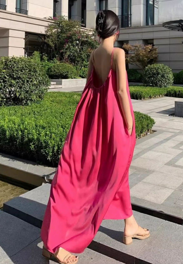 New Fashion Rose Pink Sleeveless Backless Beach Loose Spaghetti Strap Dress TP2982