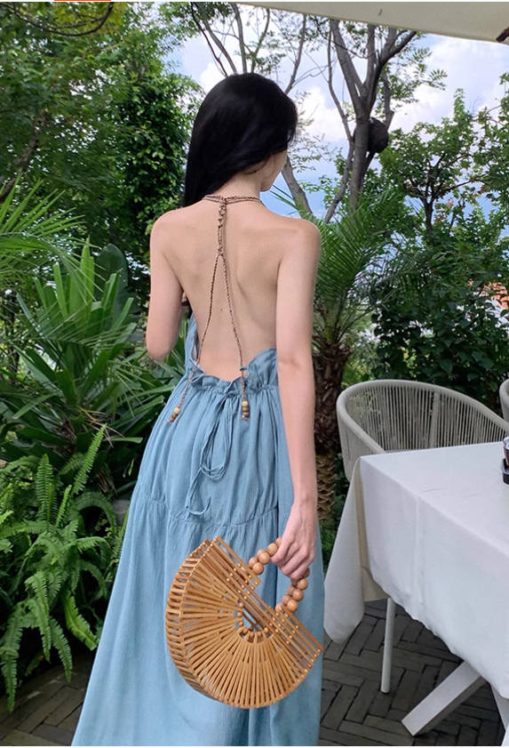 New ashion Light Blue Sleeved Backless Beach Halter Dress TP2974