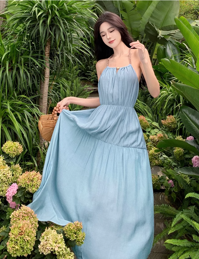New ashion Light Blue Sleeved Backless Beach Halter Dress TP2974