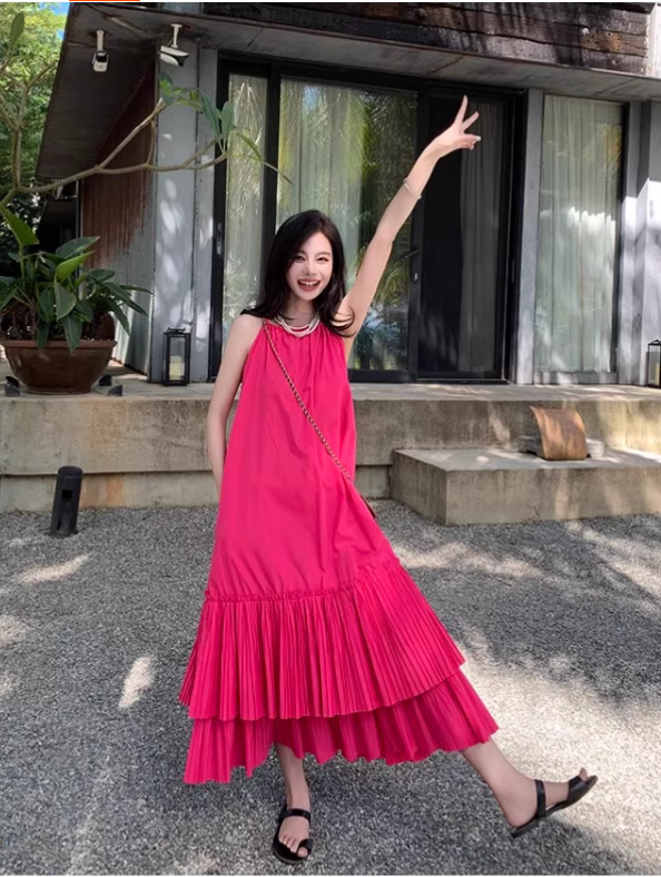 New Fashion Rose Pink Beach Holiday Loose Halter Dress TP2997