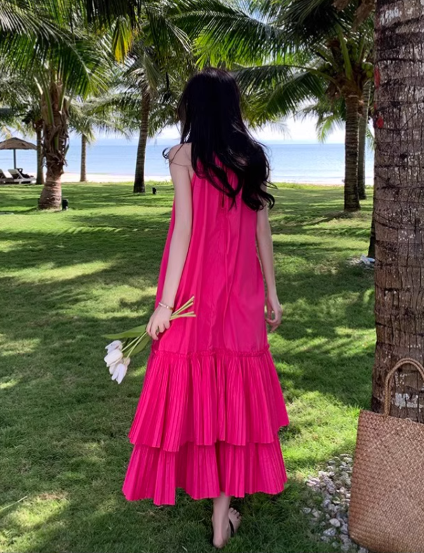 New Fashion Rose Pink Beach Holiday Loose Halter Dress TP2997