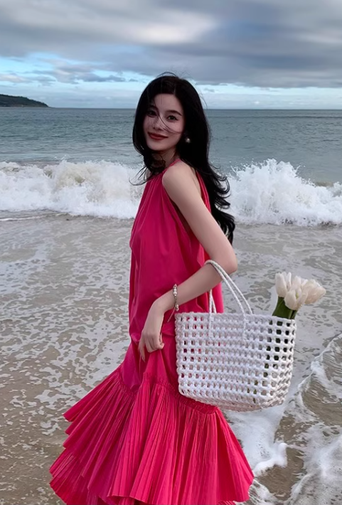 New Fashion Rose Pink Beach Holiday Loose Halter Dress TP2997