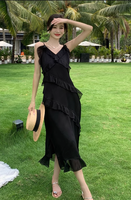 New Fashion Elegant Ruffled Dress Design Spaghetti Strap Dress TP3002