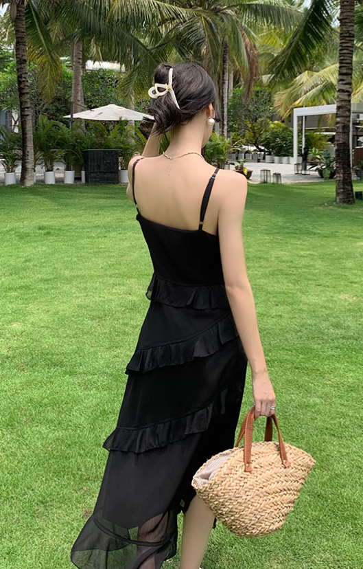 New Fashion Elegant Ruffled Dress Design Spaghetti Strap Dress TP3002