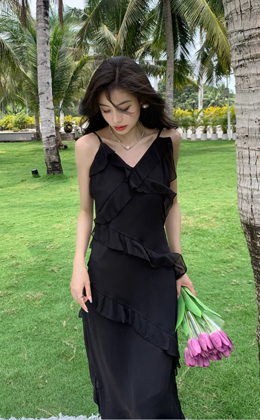 New Fashion Elegant Ruffled Dress Design Spaghetti Strap Dress TP3002