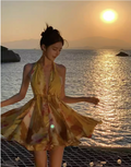 New Stylish Yellow Floral Design A-Line Halter Dress TP3024
