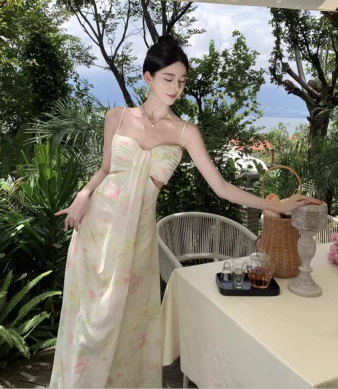 New Fashion Sexy Floral Design A-Line Beach Holiday Spaghetti Strap Dress TP3027