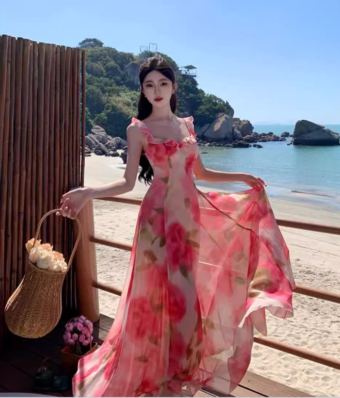 New Simple Pink Floral Design A-Line Beach Holiday Spaghetti Strap Dress TP3028
