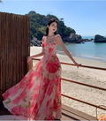 New Simple Pink Floral Design A-Line Beach Holiday Spaghetti Strap Dress TP3028