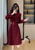 Simple Fashion Red Belt Elegant Design Women Long-sleeved Dress TP3054