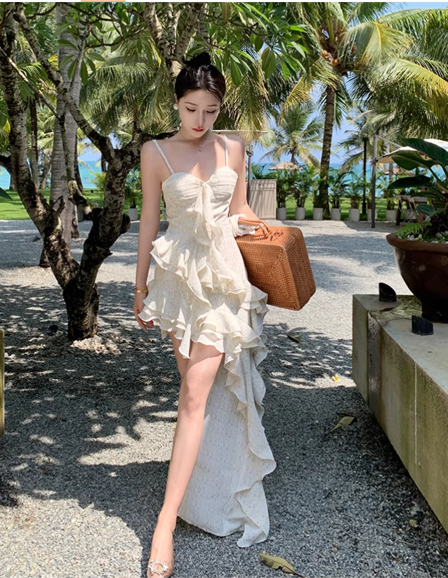 New Simple Elegant Floral Irregular Design Beach Holiday Spaghetti Strap Dress TP3069