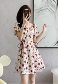 New Simple Elegant Red Floral Design Short Sleeves Women Midi Dress TP3072