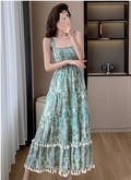 Vintage Women Floral Design A-Line Beach Holiday Spaghetti Strap Dress TP3078