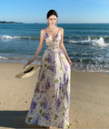New Style Women Purple Floral Design V-neck A-Line Spaghetti Strap Dress TP3082