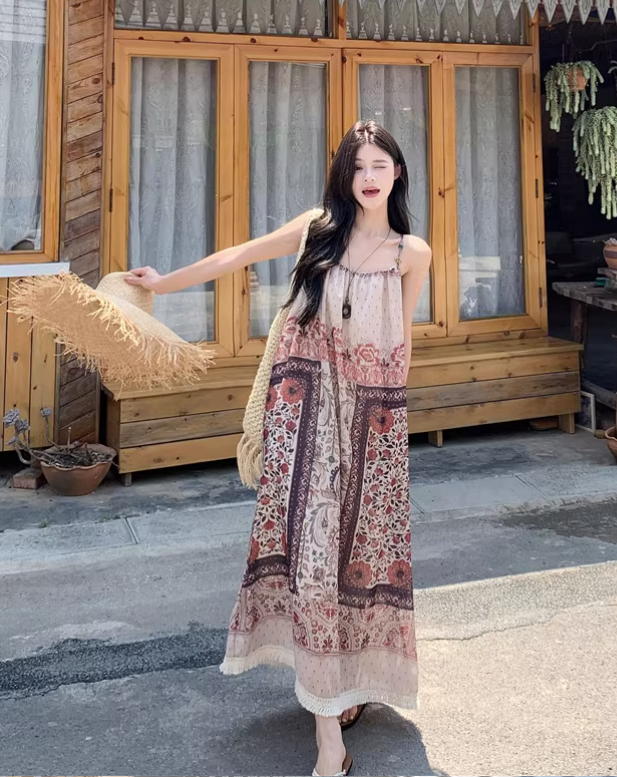New Fashion Bohemian-style Print Design A-line Sleeveless Spaghetti Strap Dress TP3325