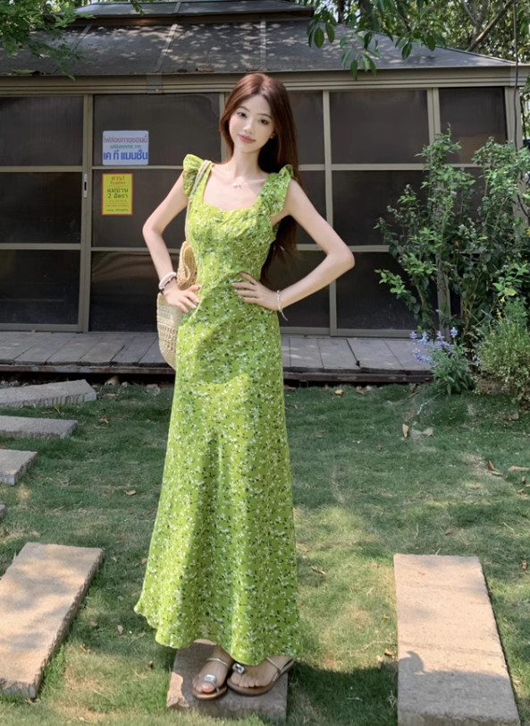 New Fashion Green Floral Design A-line Beach Holiday Long Sleeveless Dress TP3326