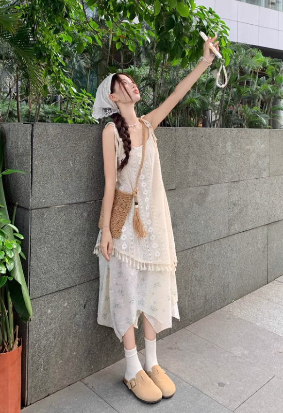 New Fashion Beige Floral Design A-line Beach Holiday Long Spaghetti Strap Dress TP3327