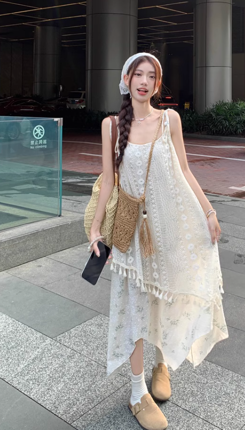 New Fashion Beige Floral Design A-line Beach Holiday Long Spaghetti Strap Dress TP3327