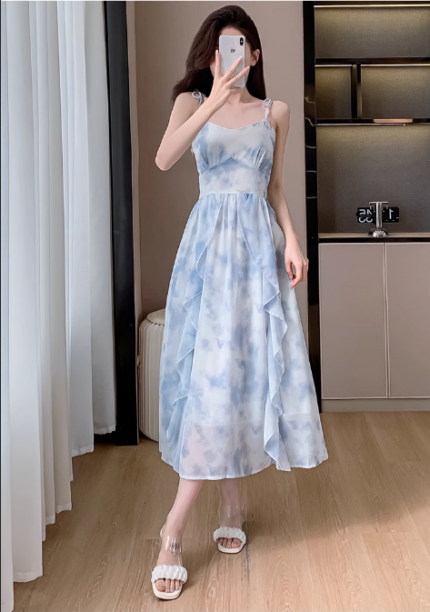 Vintage Blue Floral Design Beach Holiday A-line Long Spaghetti Strap Dress TP3329