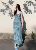 New Fashion Blue Floral Print Design Beach Holiday Long A-line Dress TP3341