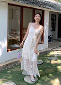 New Fashion White Floral Design Lace A-line V-neck Spaghetti Strap Dress TP3344