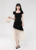 Vintage Fashion Black Irregular Design Elegant A-line Square Collar Short- sleeved Dress TP3352