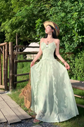Vintage Fashion Green Irregular Ruffled Hem Design Elegant A-line Spaghetti Strap Dress TP3353