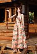 Vintage Fashion Floral Print Design Beach Holiday A-line with Belt Spaghetti Strap Dress TP3372