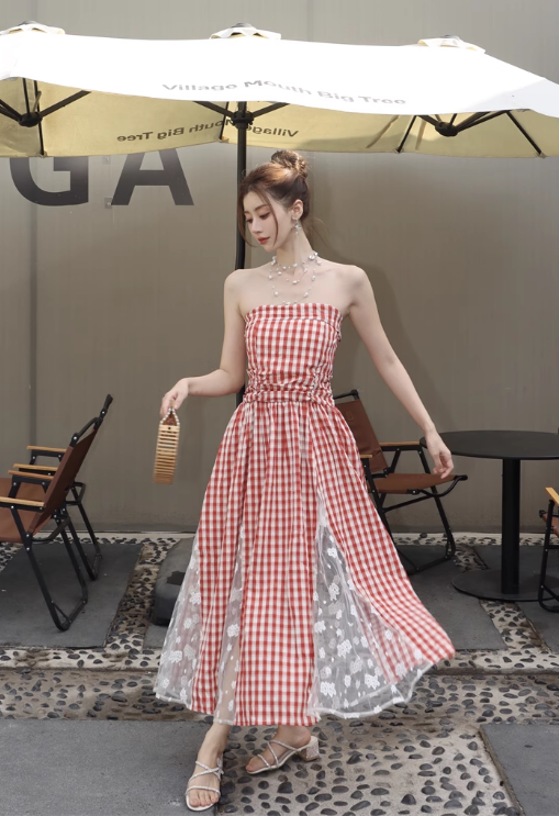 New Fashion Red Plaid Lace Patchwork Design Beach Holiday A-line Sleeveless Strapless Dress TP3378