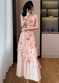 Simple Fashion Pink Floral Design A-line Spaghetti Strap Dress TP3381