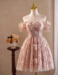 Elegant Pink 3D Flowers Beaded Design Off-the-shoulder Short Homecoming Dress TP3466