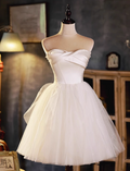 Elegant White Simple Design Satin Mesh Sleeveless Strapless Homecoming Dress TP3468