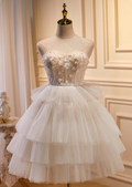 Vintage Beige 3D Flowers Beaded Design Elegant Mesh Sleeveless Strapless Homecoming Dress TP3481