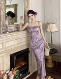 Vintage Purple Floral Design Satin A-line Spaghetti Strap Dress TP3520