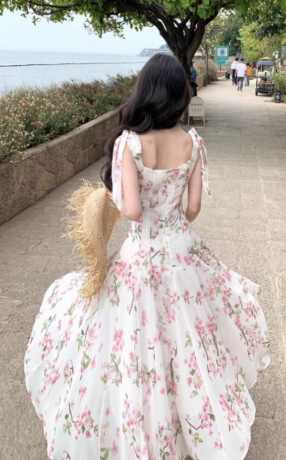 Simple Fashion Pink Floral Design A-line Beach Holiday Spaghetti Strap Dress TP3535