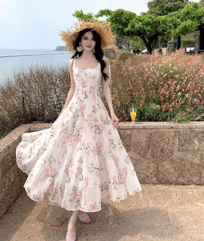 Simple Fashion Pink Floral Design A-line Beach Holiday Spaghetti Strap Dress TP3535