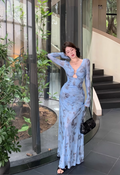 Vintage Blue Floral Design A-line Long-sleeved Dress TP3613