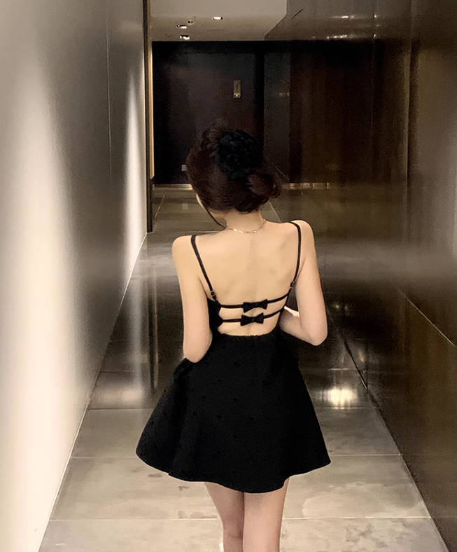Cute Black Spaghetti Strap Backless Bow Design A-line Lace Homecoming Dress TP3692