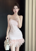 Fashion Pink Sweetheart Fluffy Hem Design A-line Strapless Homecoming Dress TP3696