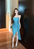 Fashion Blue Sequin Split Dress Design A-line Sleeveless Strapless Homecoming Dress TP3708