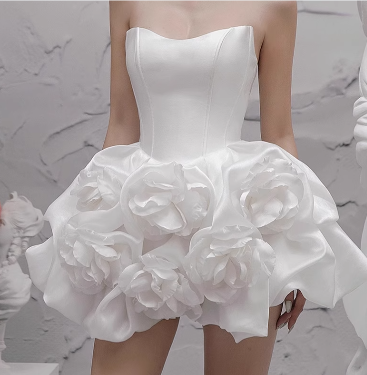 Vintage White 3D Flower A-line Satin Strapless Party Dresses Homecoming Dresses, TP3787