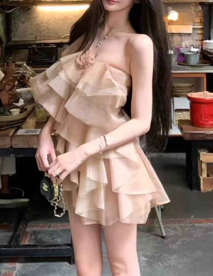 Retro Champagne 3D Flower Design Tulle Design A-line Short Party Dress Homecoming Dresses TP3942
