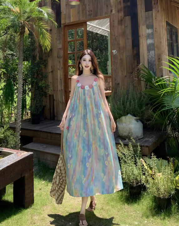 Vintage Floral Spaghetti Strap Design Elegant Beach Holiday A-Line Sleeveless Summer Dress TP4251