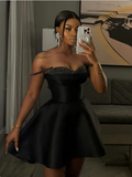 Vintage Black Beaded Satin Sweetheart A-Line Homecoming Dress Party Dress Cocktail Dress TP4733