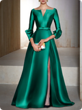 Elegant Satin Long-sleeve Prom Dress A-Line Evening Gown High Slit Party Dress Long Formal Dress TP4771
