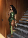 Elegant Green Spaghetti Strap Prom Dress Sheath Evening Gown High Slit Party Dress Long Formal Dress TP4770