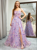 Elegant Floral Spaghetti Strap Prom Dress A-Line Applique Evening Gown High Slit Party Dress Long Formal Dress TP4763