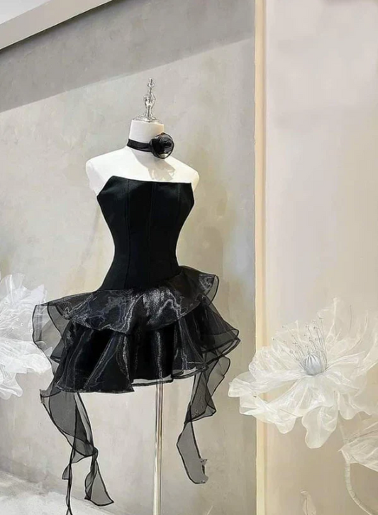 Vintage Black Strapless Homecoming Dress A-Line Party Dress Short Cocktail Dress TP4802